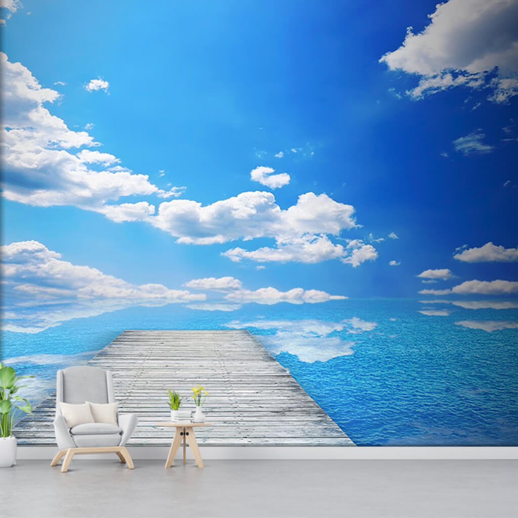 Wooden pier extending into turquoise blue sea wall mural