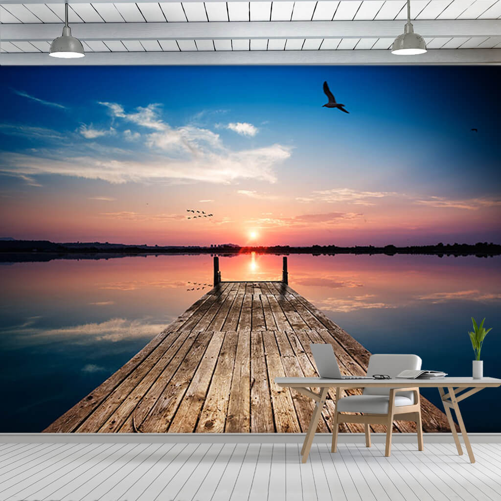 Wooden old pier and flying birds at sunset custom wall mural
