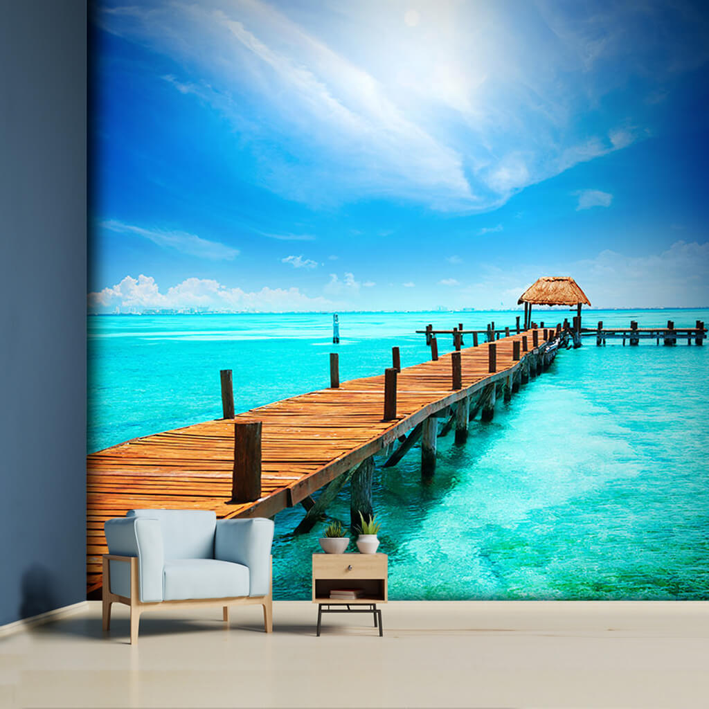 Alcove and pier on tropical turquoise sea custom wall mural