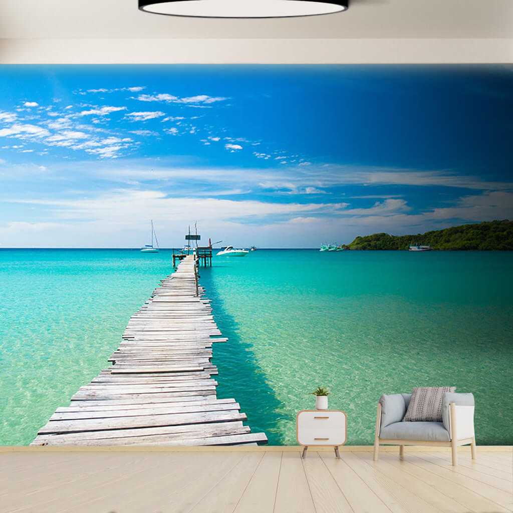 Wooden pier turquoise sea yachts Maldives wall mural