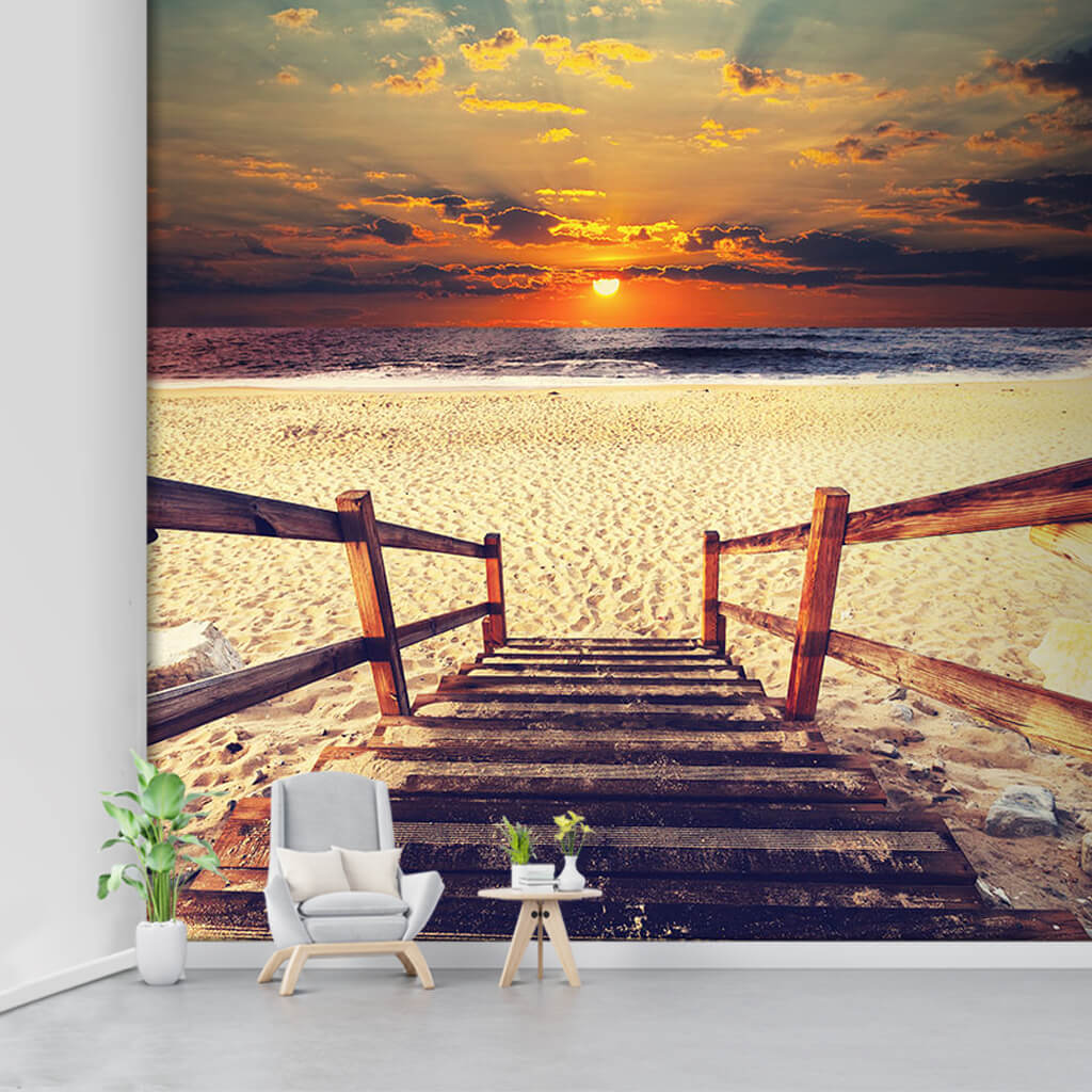 Sunset on sea from wooden ladder on beach custom wall mural