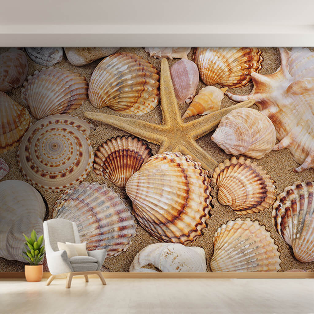 Starfish and sea shells on the beach custom wall mural