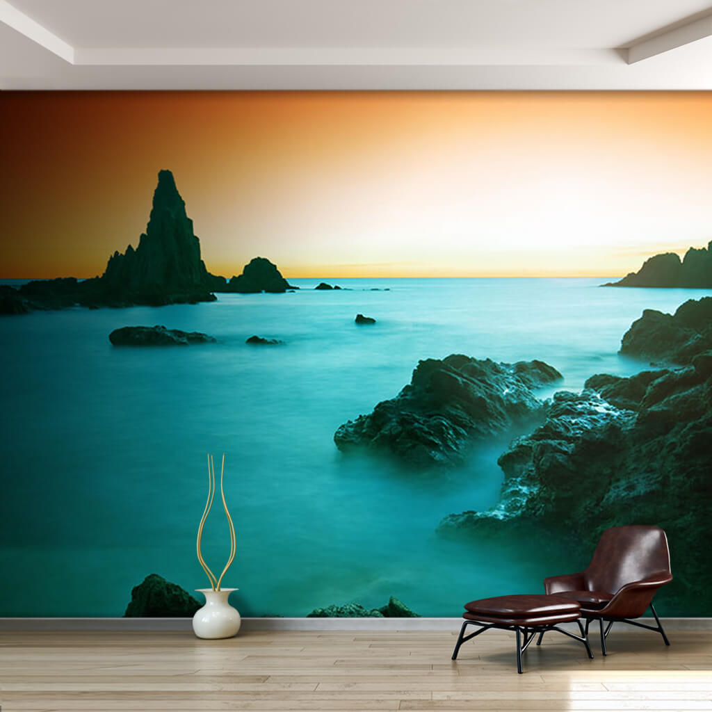 Sunrise on the foggy sea and rocky places custom wall mural
