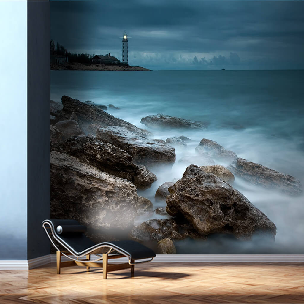 Lighthouse rocky coast and gray clouds custom wall mural