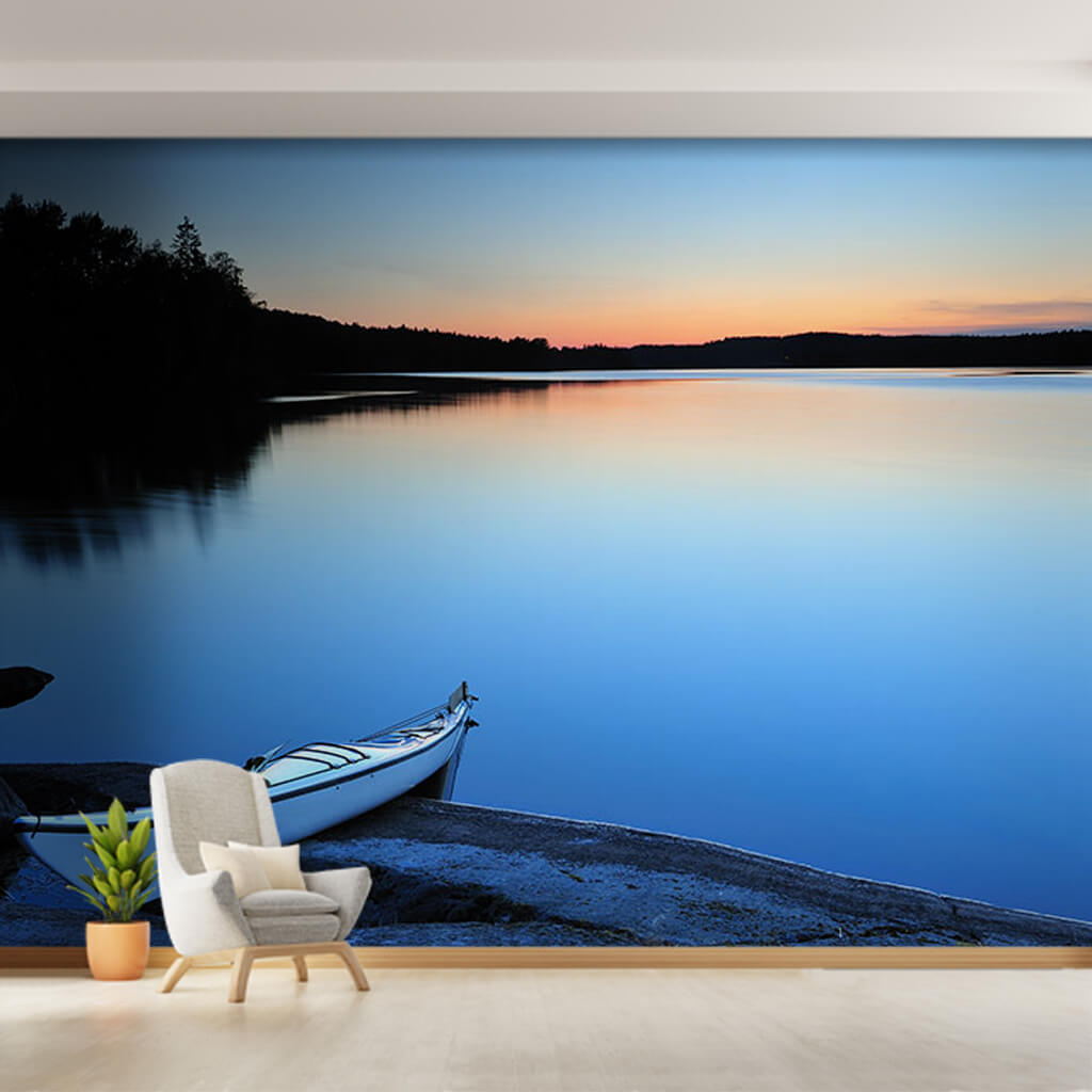 Sunset at the tranquil lake and canoe ski wall mural