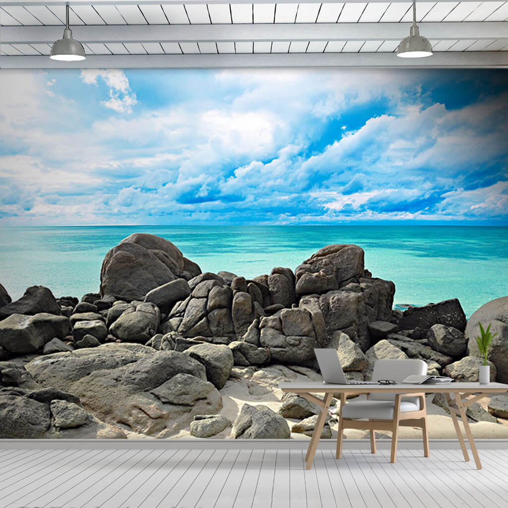 Rocky coast turquoise blue sea and clouds wall mural