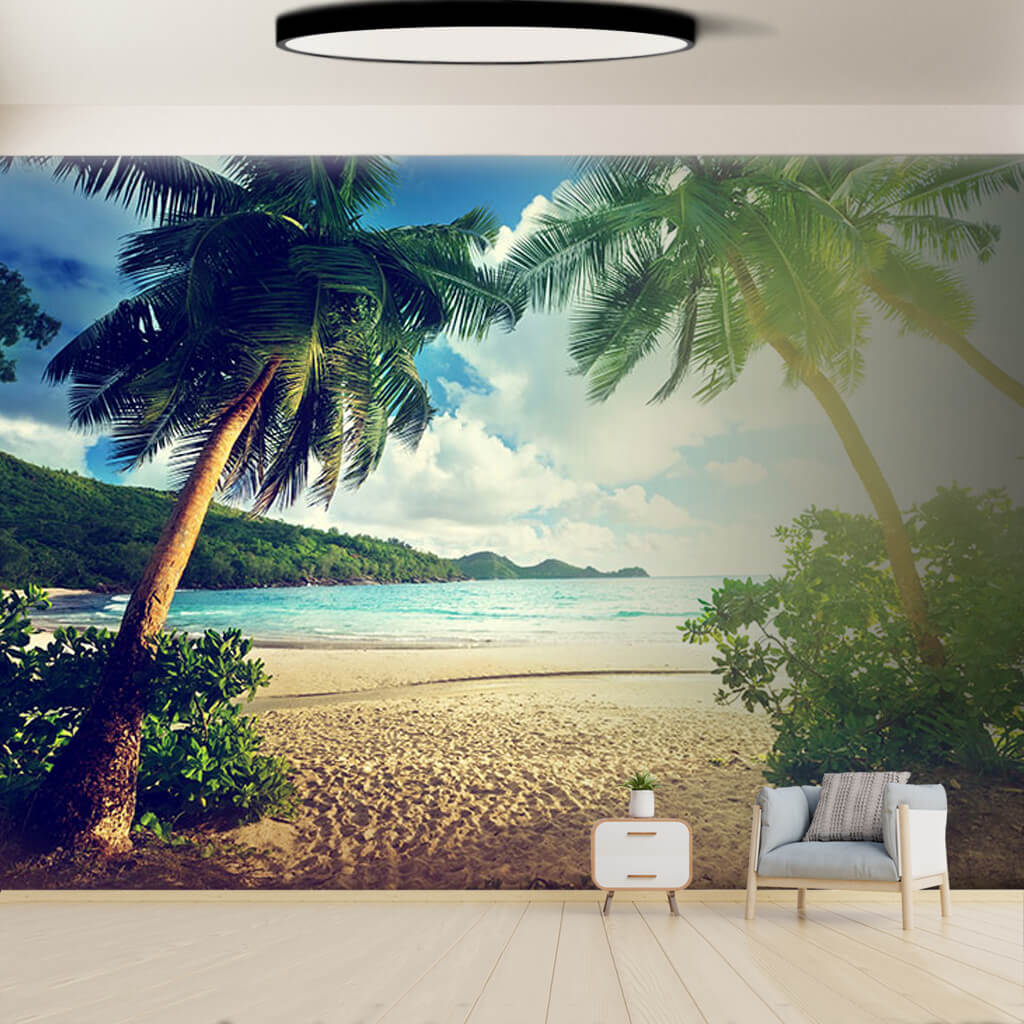 Windy sea beach with palm trees and tropical coast wallpaper