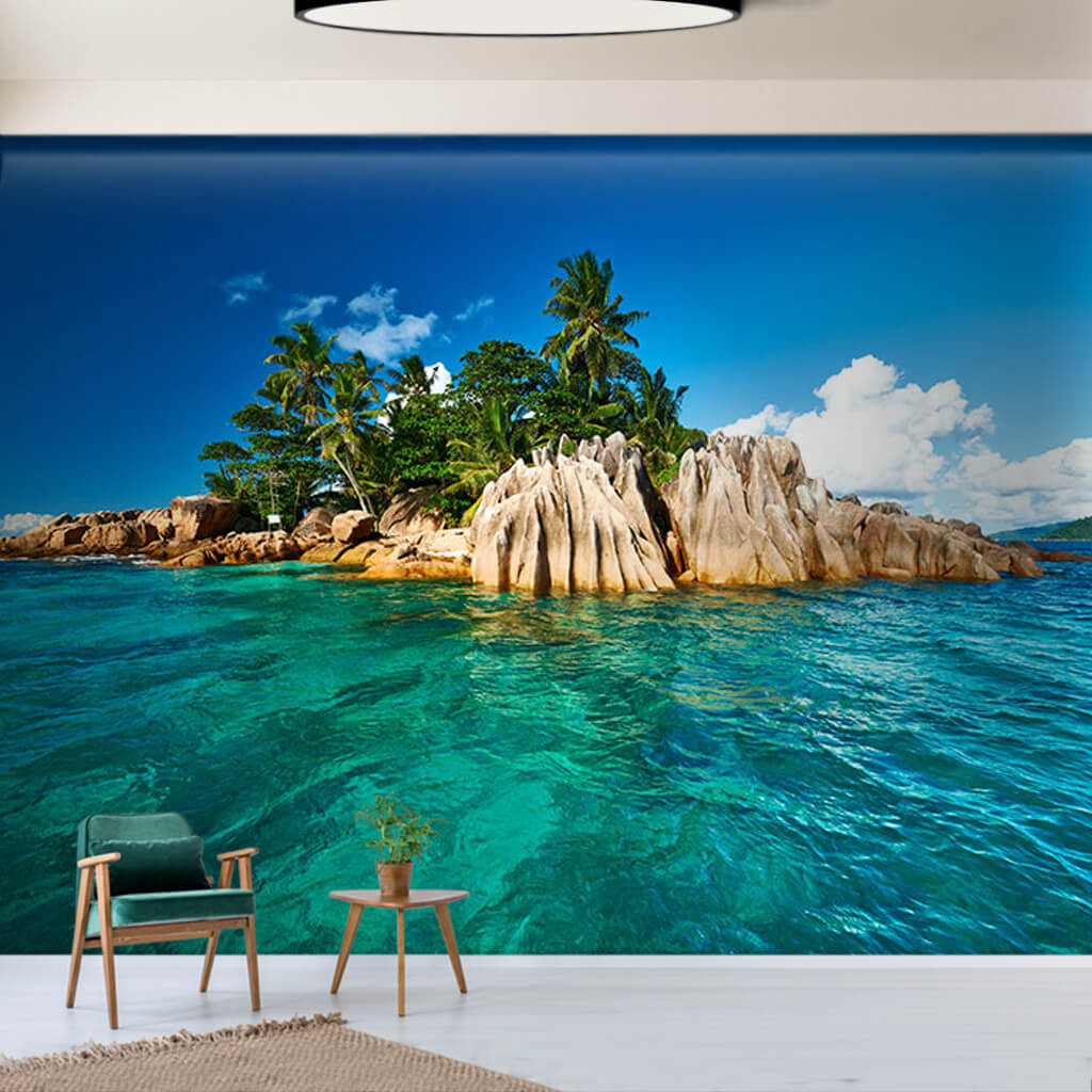 Seychelles turquoise blue sea and palm trees wall mural