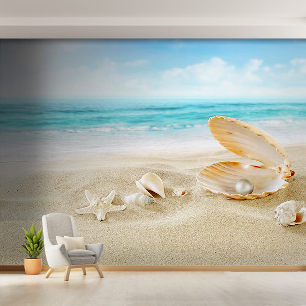 Pearl in mussel on the beach and sea custom wall mural