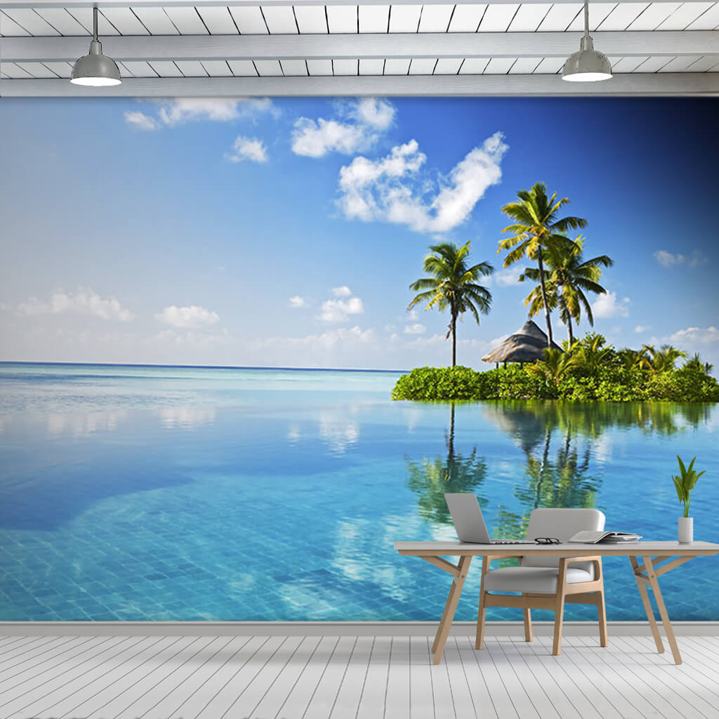Small island and bungalow in tropical sea custom wall mural
