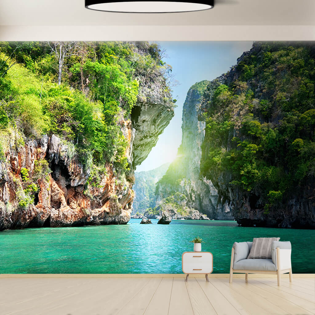 Rocky valley in turquoise sea New Zealand custom wall mural