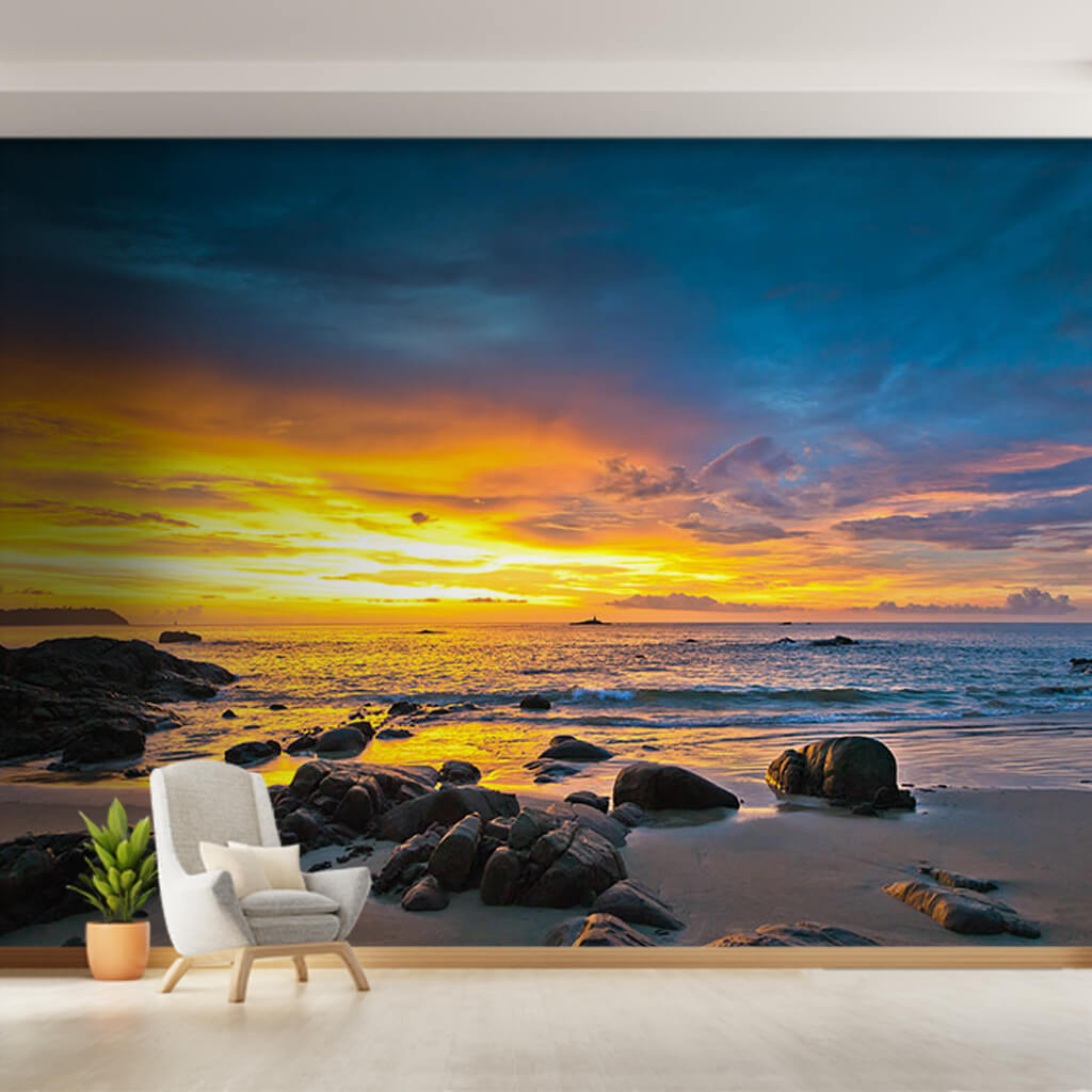Rocky beach seaside and sunset at sea custom wall mural