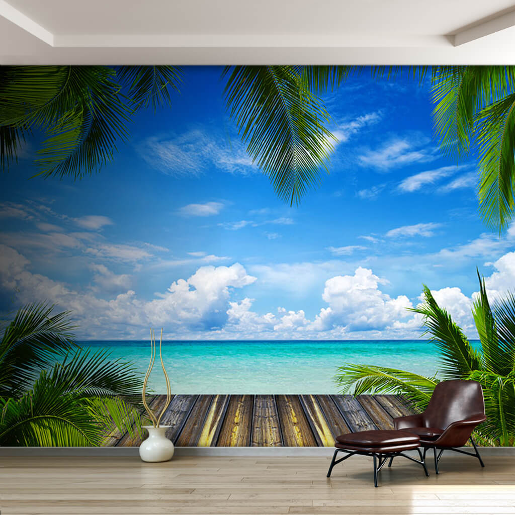 Palmiye dalları ve tropik turkuaz deniz sahil duvar kağıdı