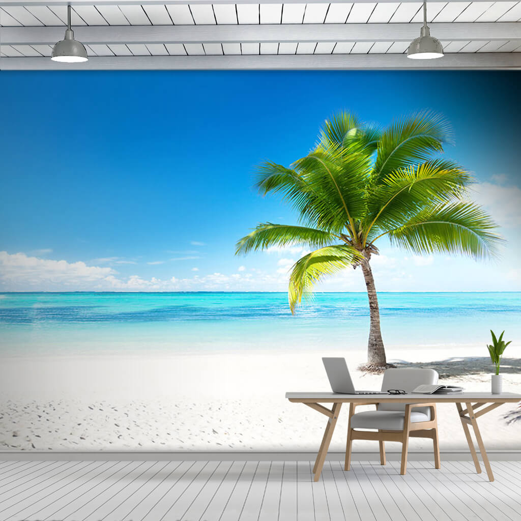 Turquoise sea from white beach lonely palm wall mural