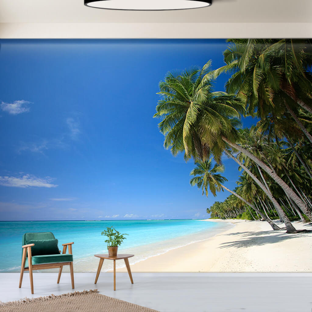 Deserted tropical island beach coast palm trees wall mural
