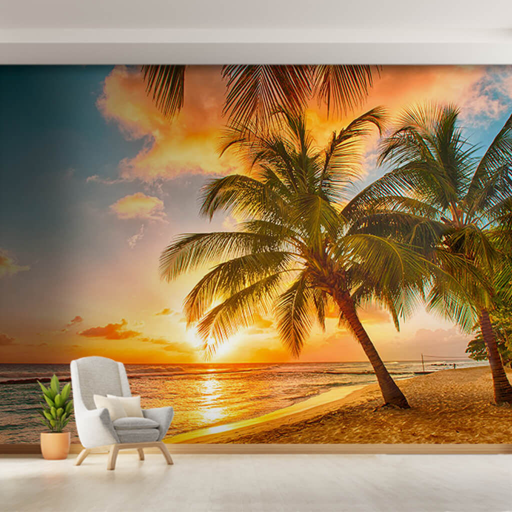 Yellow sunset at sea and 2 palm trees custom wall mural
