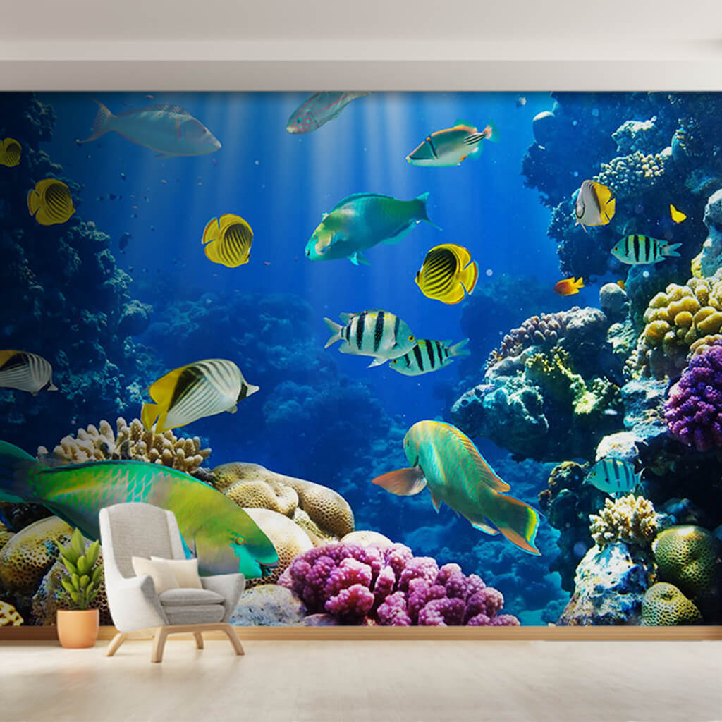 Sea coral reef parrot fishes and angel fishes wall mural