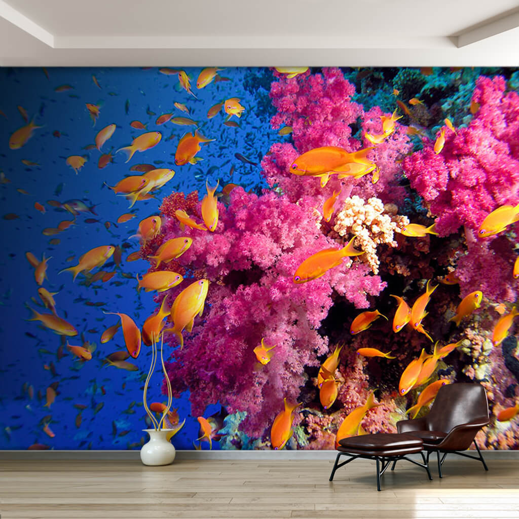 Pink purple coral reef and yellow fishes in sea wall mural