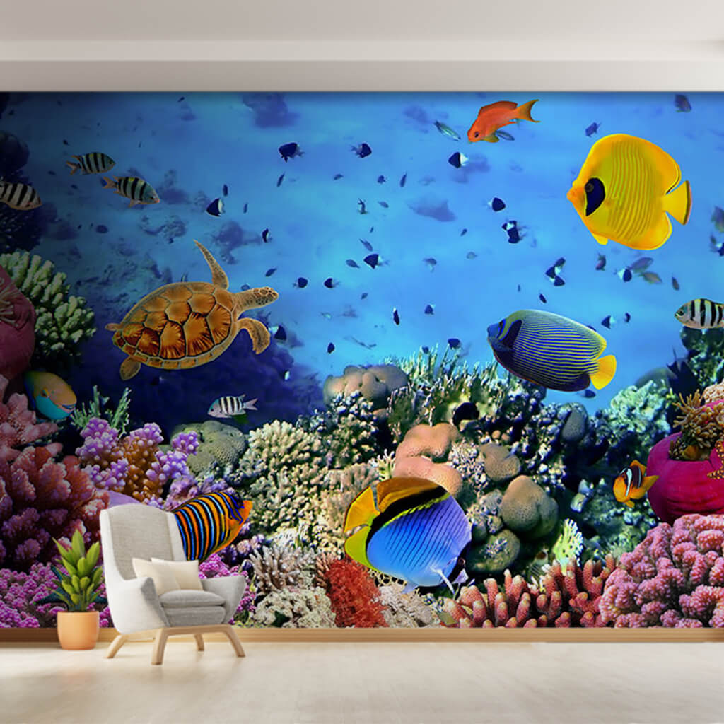 Fishes and sea turtle on coral reef custom wall mural