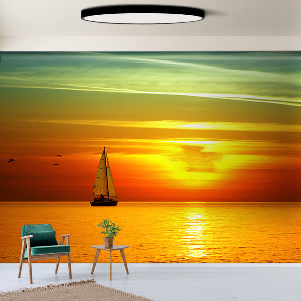 Sunset on ocean and sailing boat at the sea custom wall mural