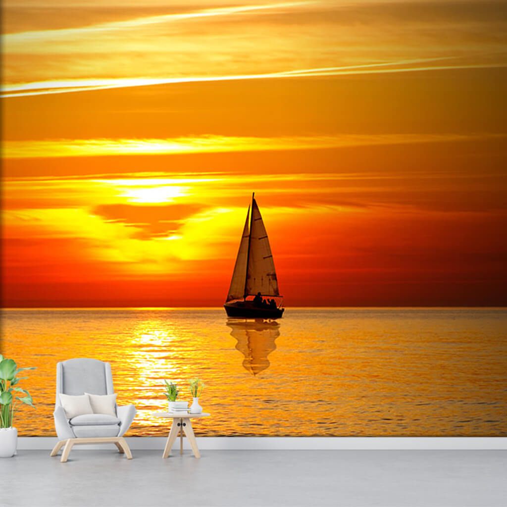 Lonely sailing boat in the sea at sunset custom wall mural