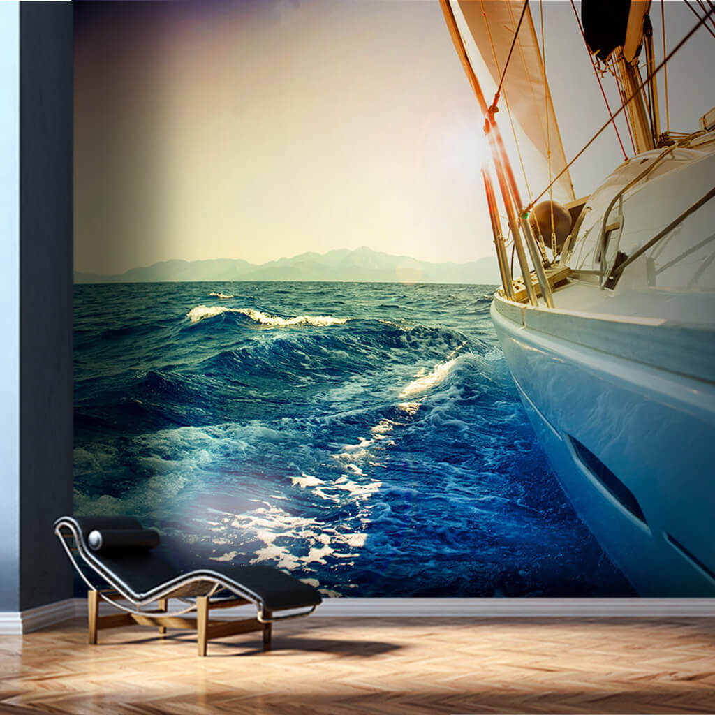 Sailing boat lies to the left at sea white yacht wall mural