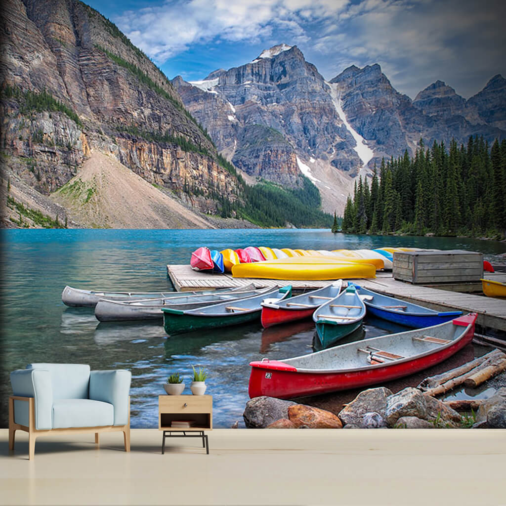 Mountains river and red yellow canoes skis wall mural