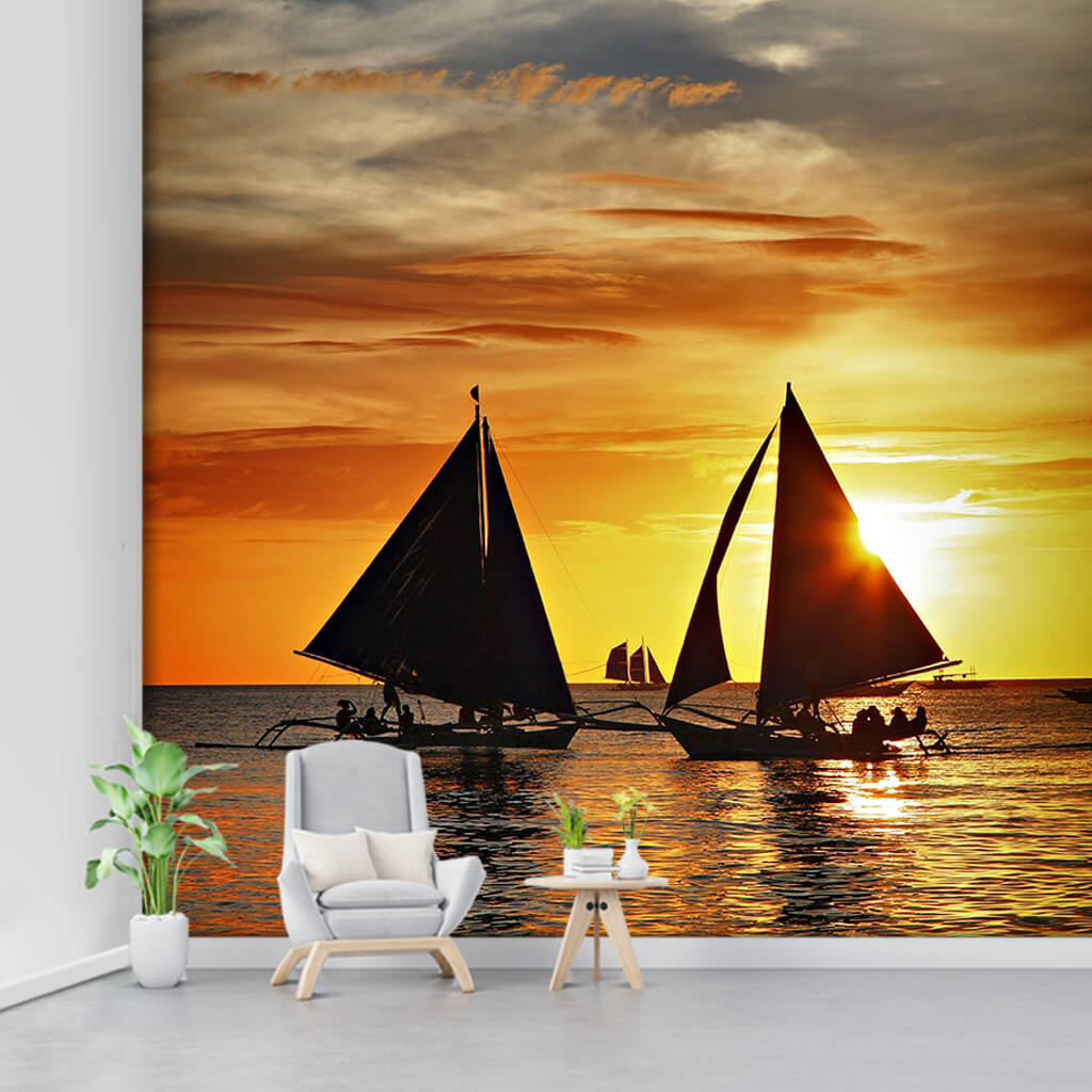 Sailboats silhouettes of Philippine's at sea wall mural
