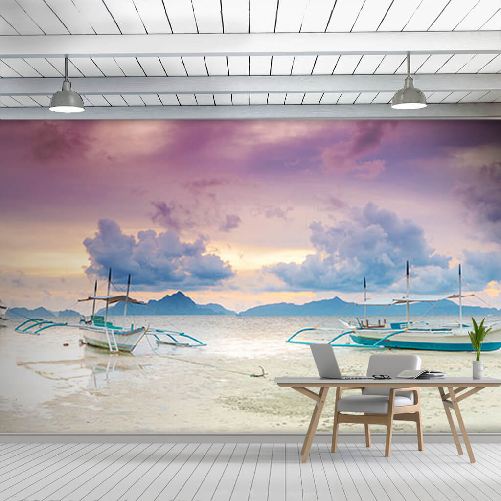 Fishing boats on the beach panoramic image custom wall mural