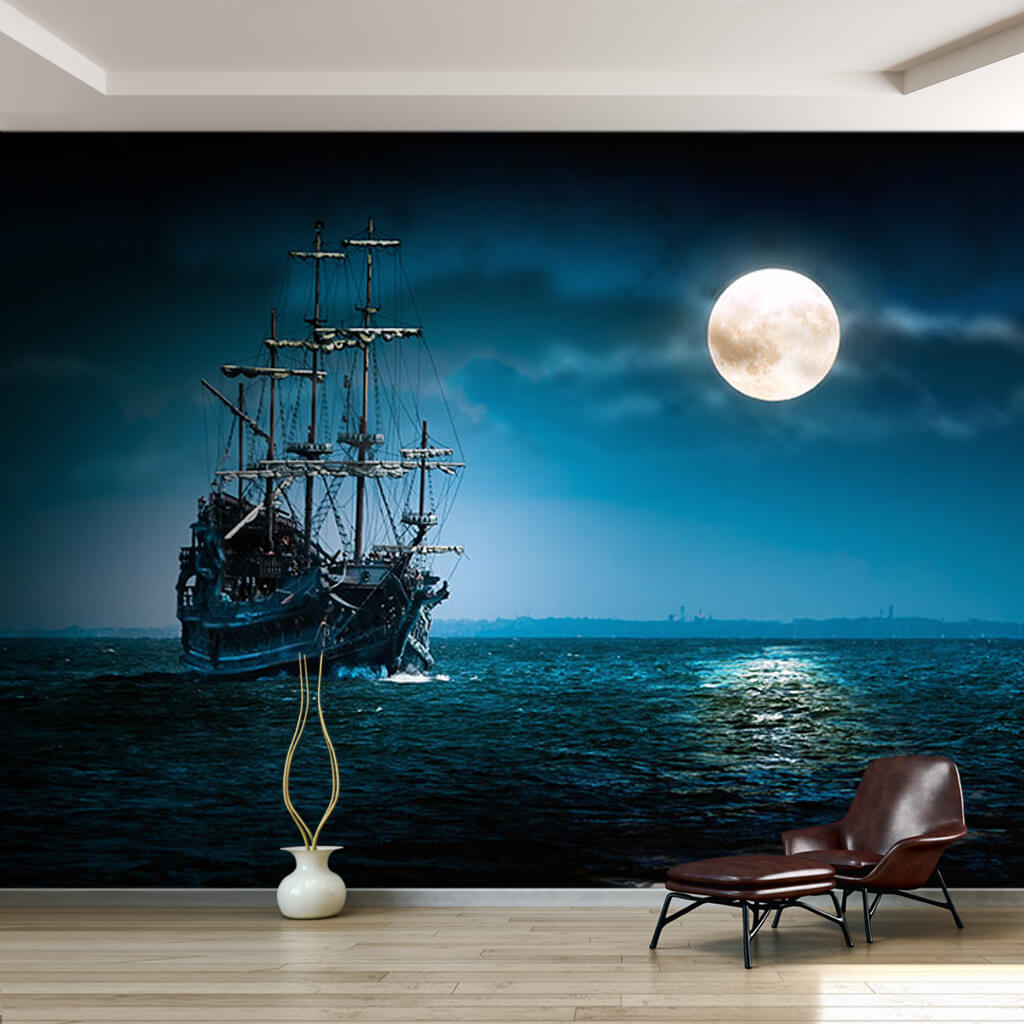 Ghost pirate ship in the sea at moon lighted night wall mural