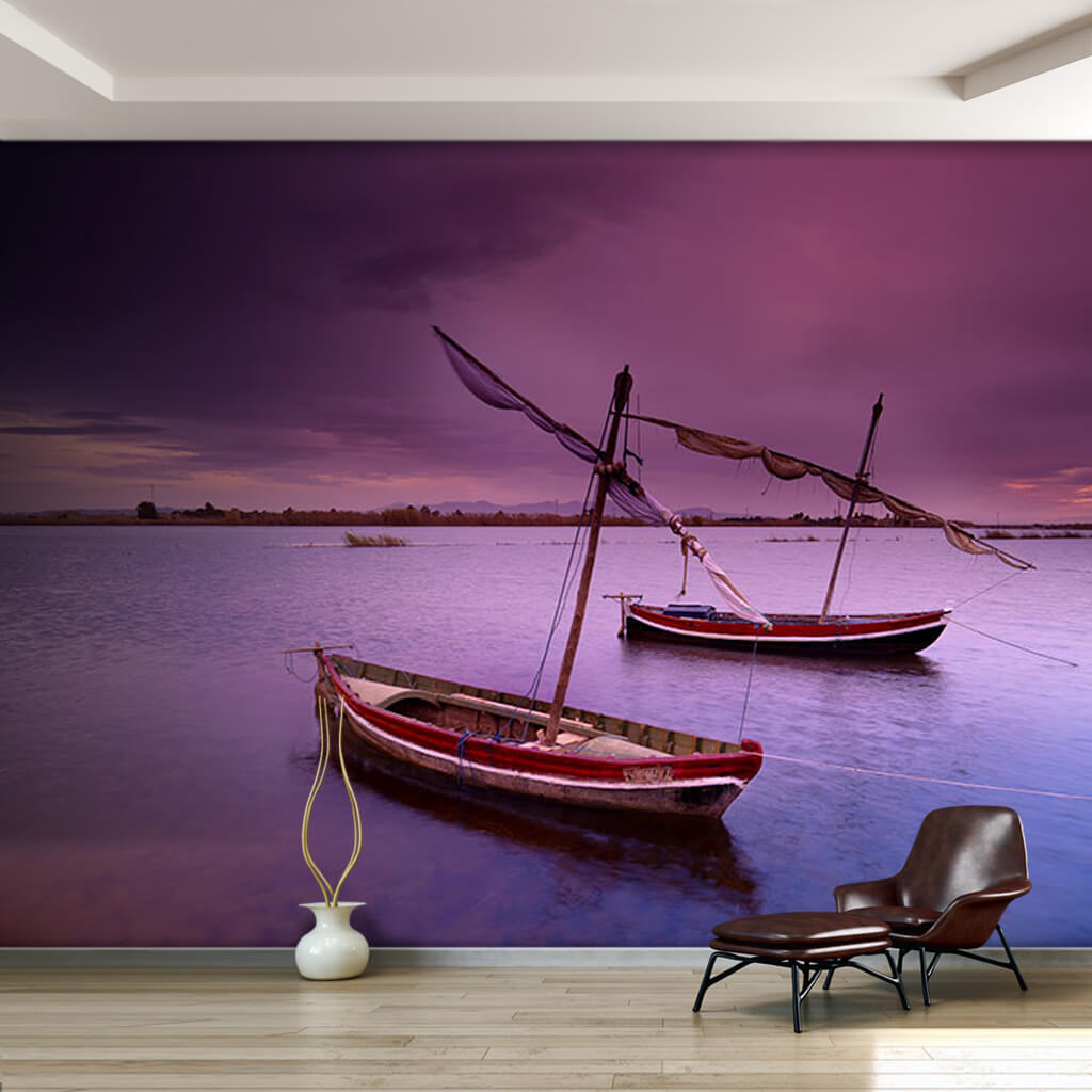 Lilac purple clouds and fishing boats at coast wall mural
