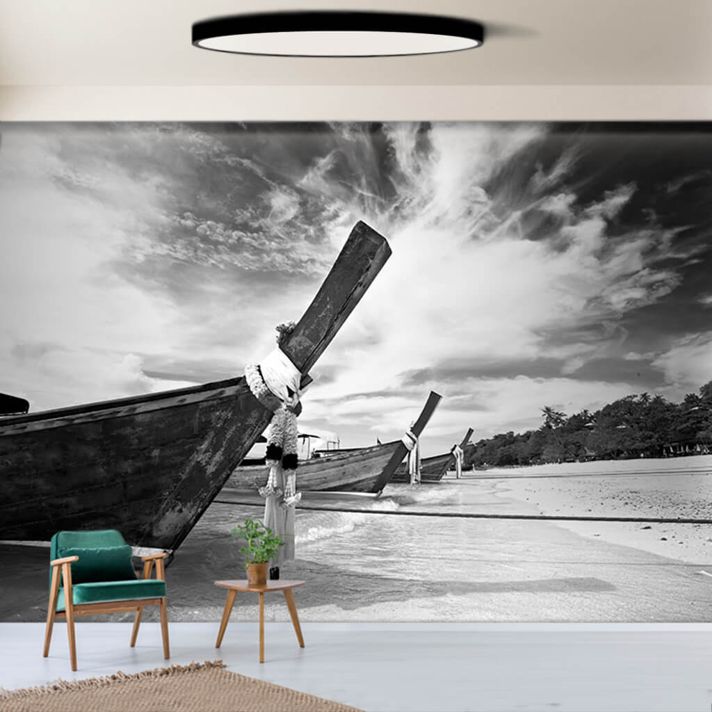 Traditional long tail boats Thailand black white wall mural
