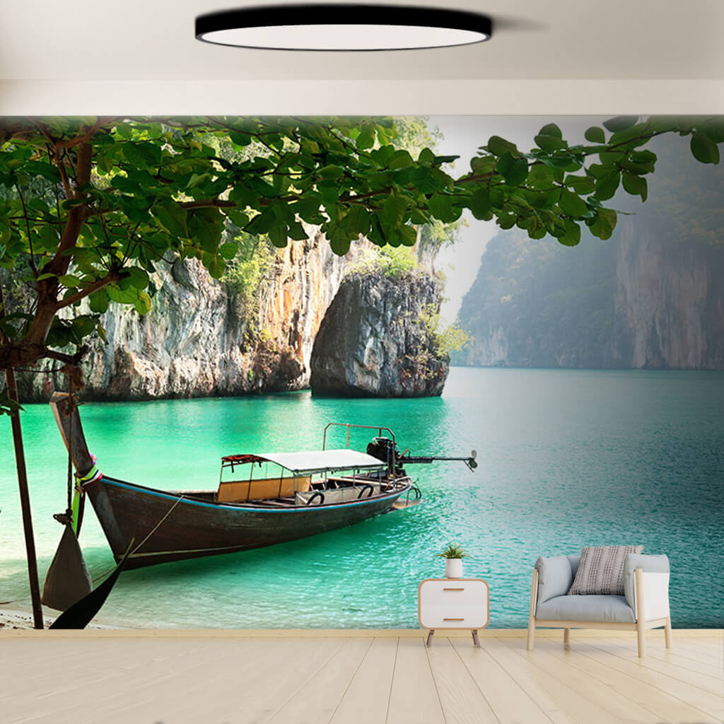 Tropical turquoise Sea Boat Andman Island India wall mural