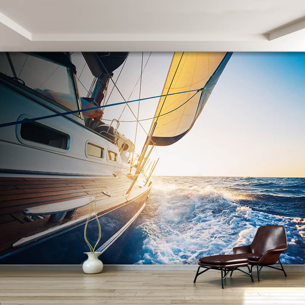 Sailing boat lies to the right at sea white yacht wall mural