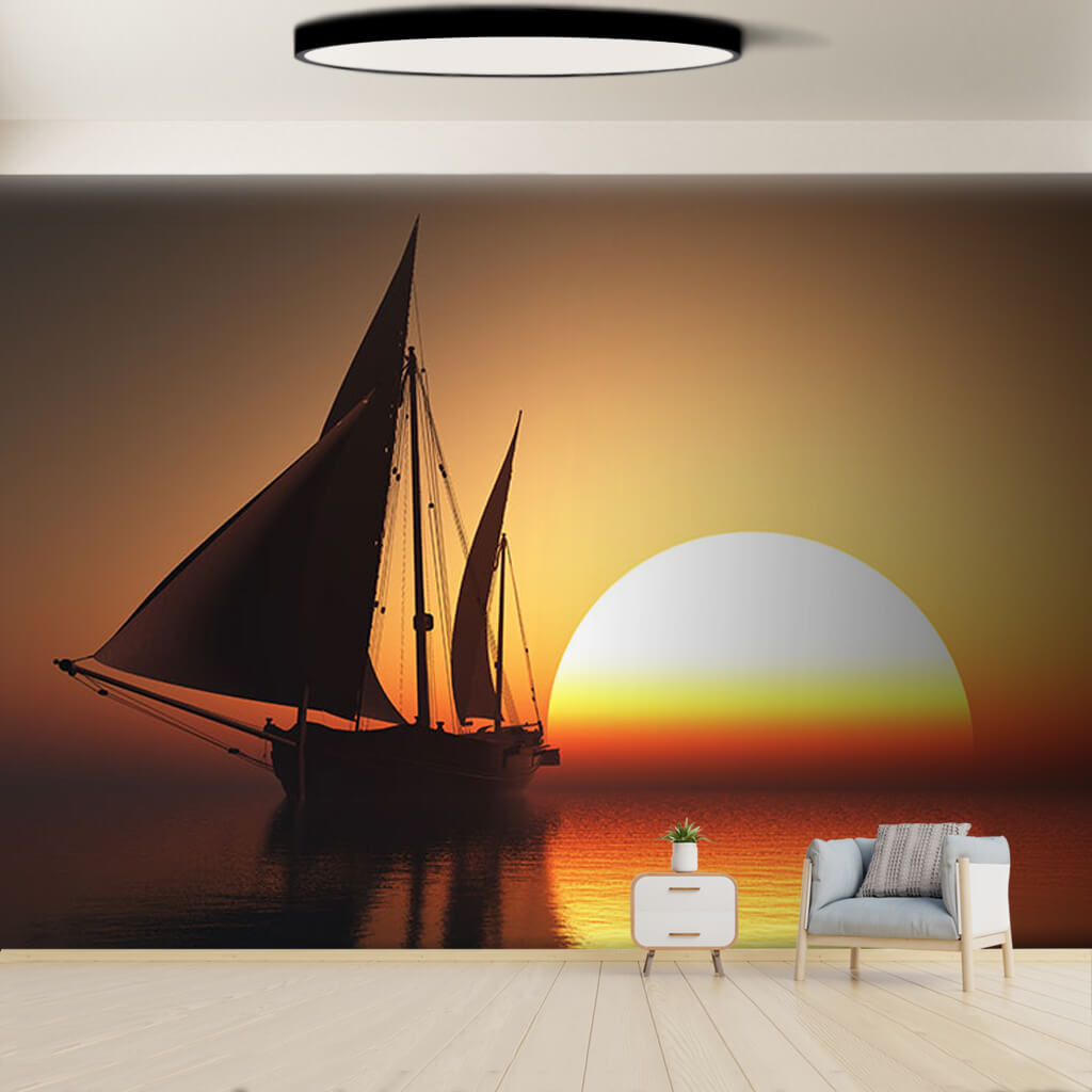 Sunset at sea and silhouette of sailing boat wall mural