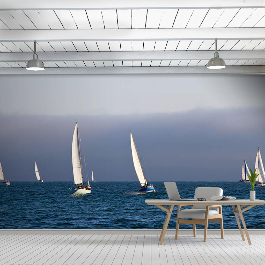 In the open sea windsurfing with white sailboats wall mural