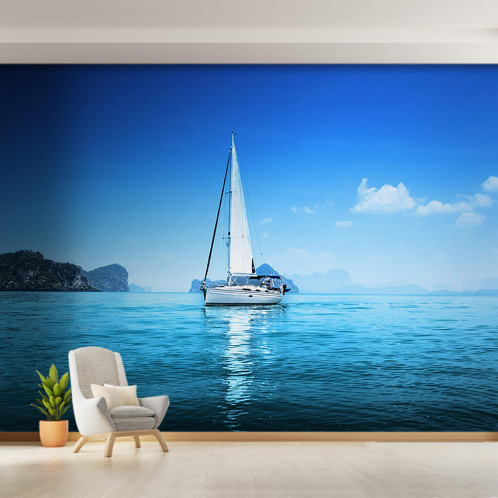 Sailing boat yacht blue ocean islands and sea wall mural