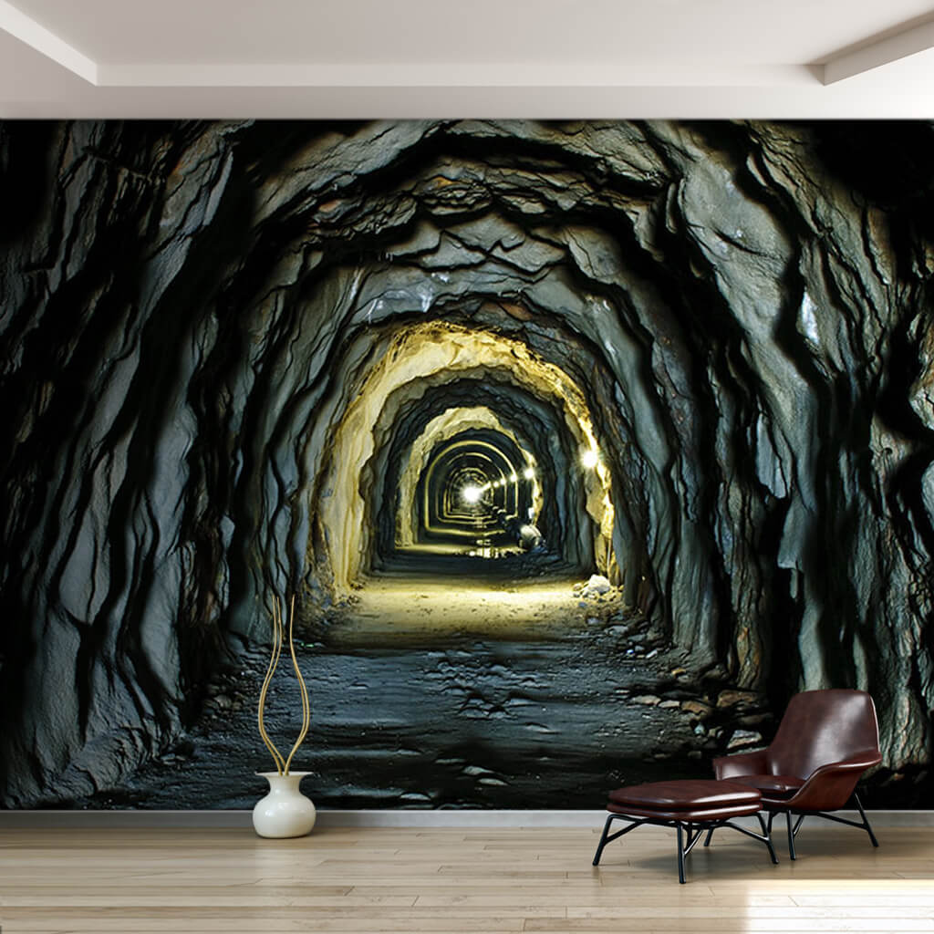 Tunnel depth advancing in the mine 3D custom wall mural