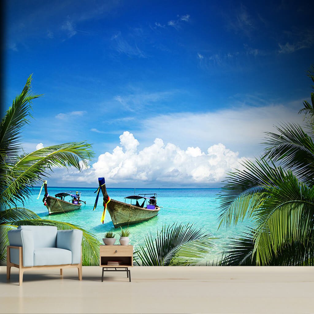 Seashore and 2 boats on beach with palms custom wall mural