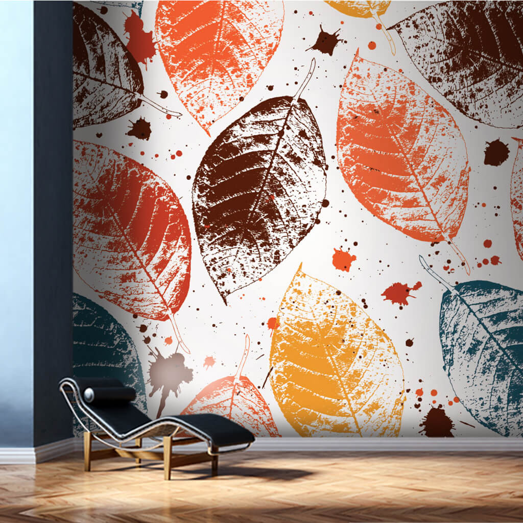 Leaf print and paint drops on white scalable custom wall mural