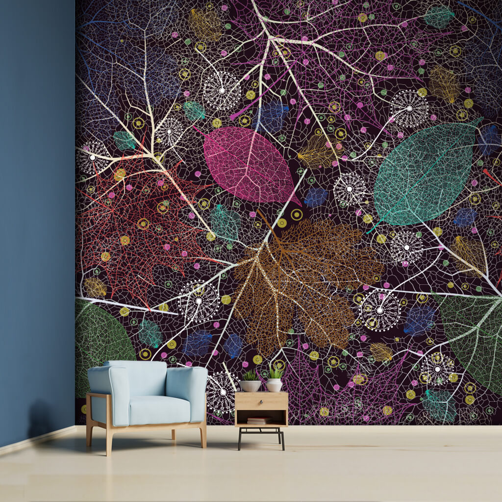 Leaves and plant branches in dark colors pattern wall mural