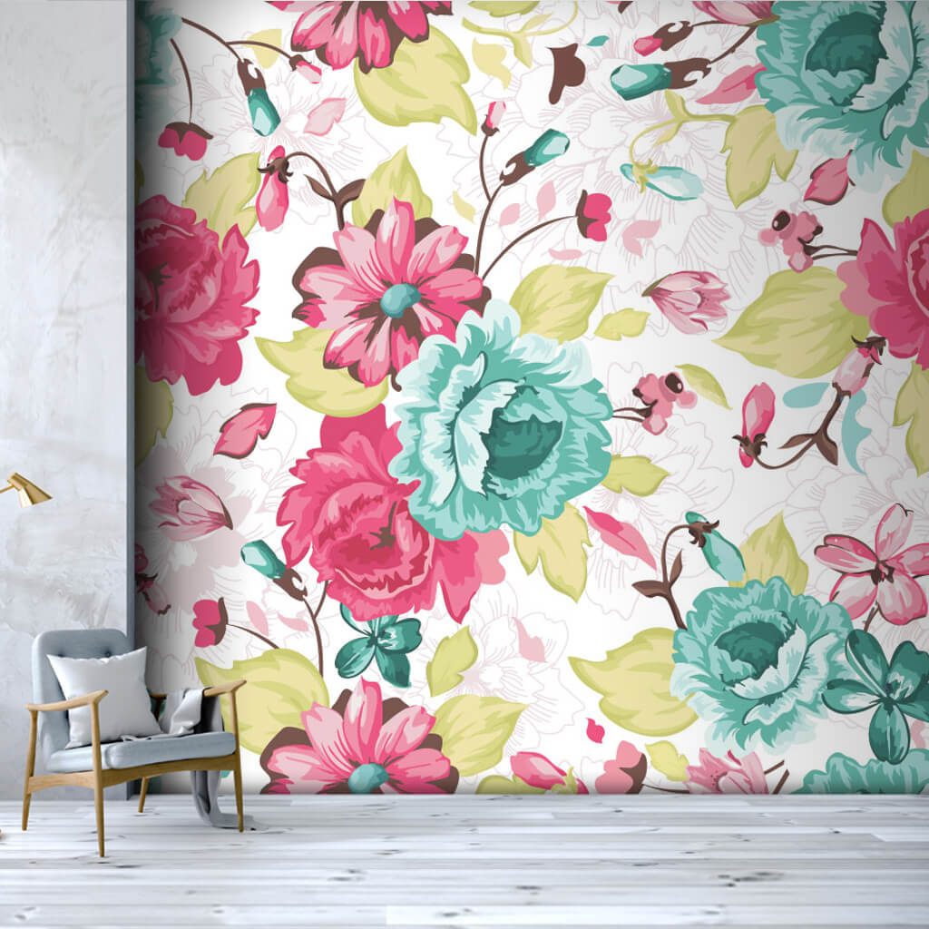 Flowers pattern fabric print on white custom wall mural