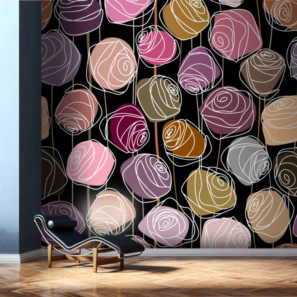 Drawing of bud roses floral pattern on black wall mural