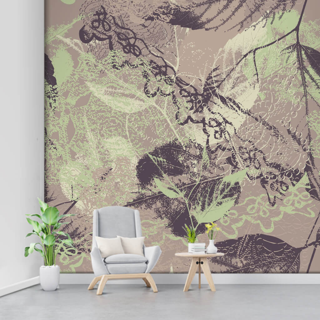 Fossil leaves and lace on dark beige custom wall mural