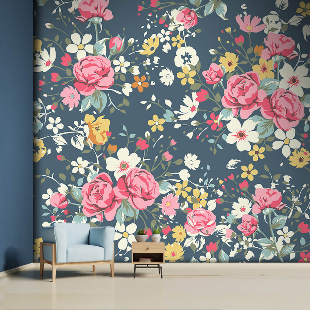 Vintage flowers on navy blue fabric print wall mural