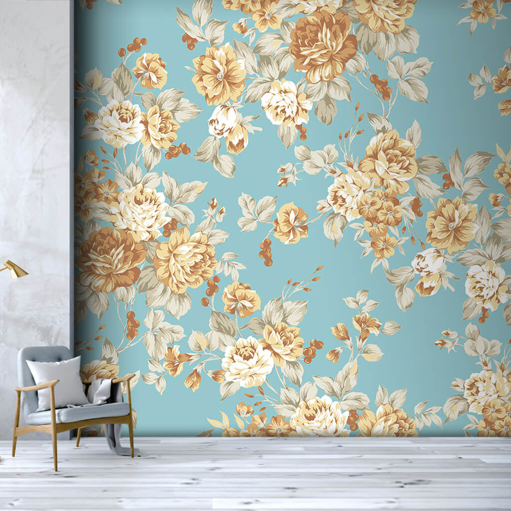 Golden yellow flower pattern on blue top fabric wall mural