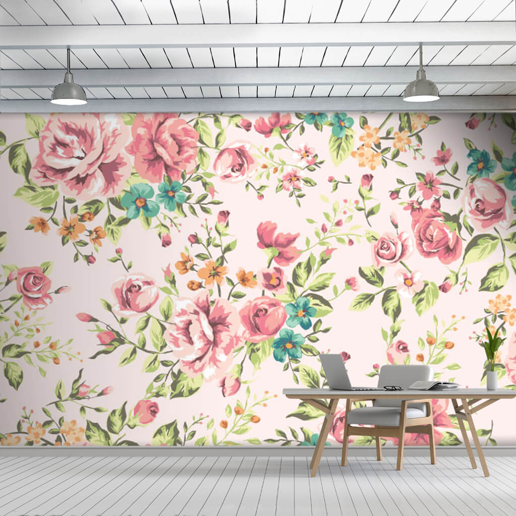 Flower pattern on pink retro fabric print custom wall mural