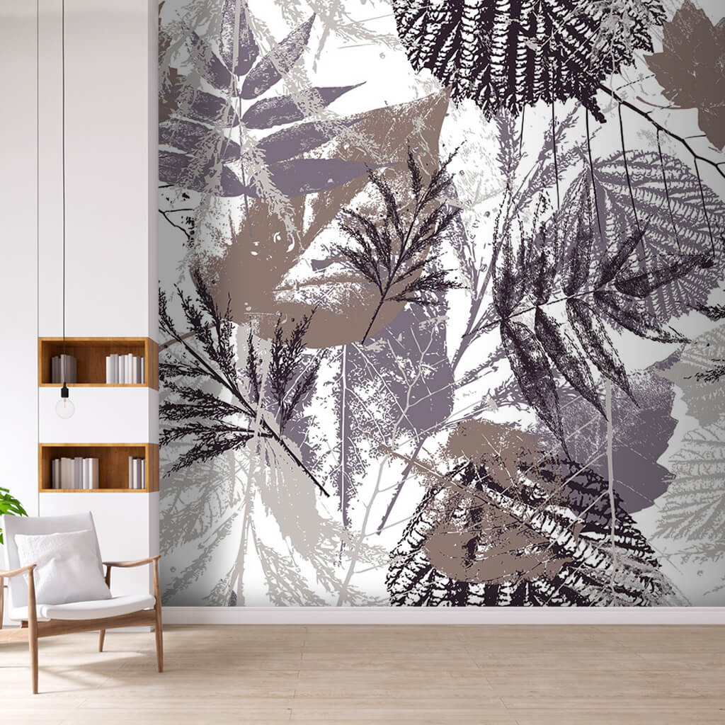 Sepia leaf patterns brown tones scalable custom wall mural