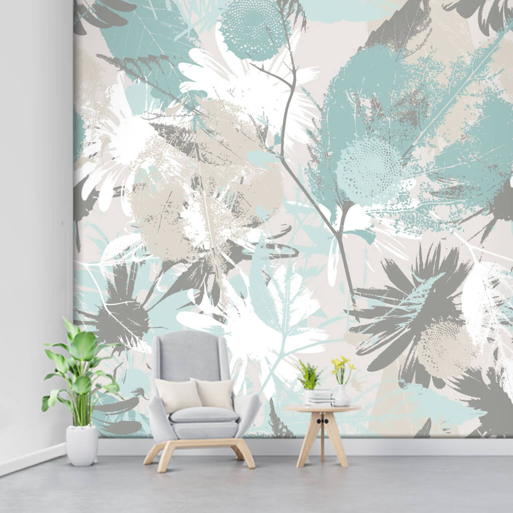 Pastel soft grunge leaf pattern in blue colors wall mural