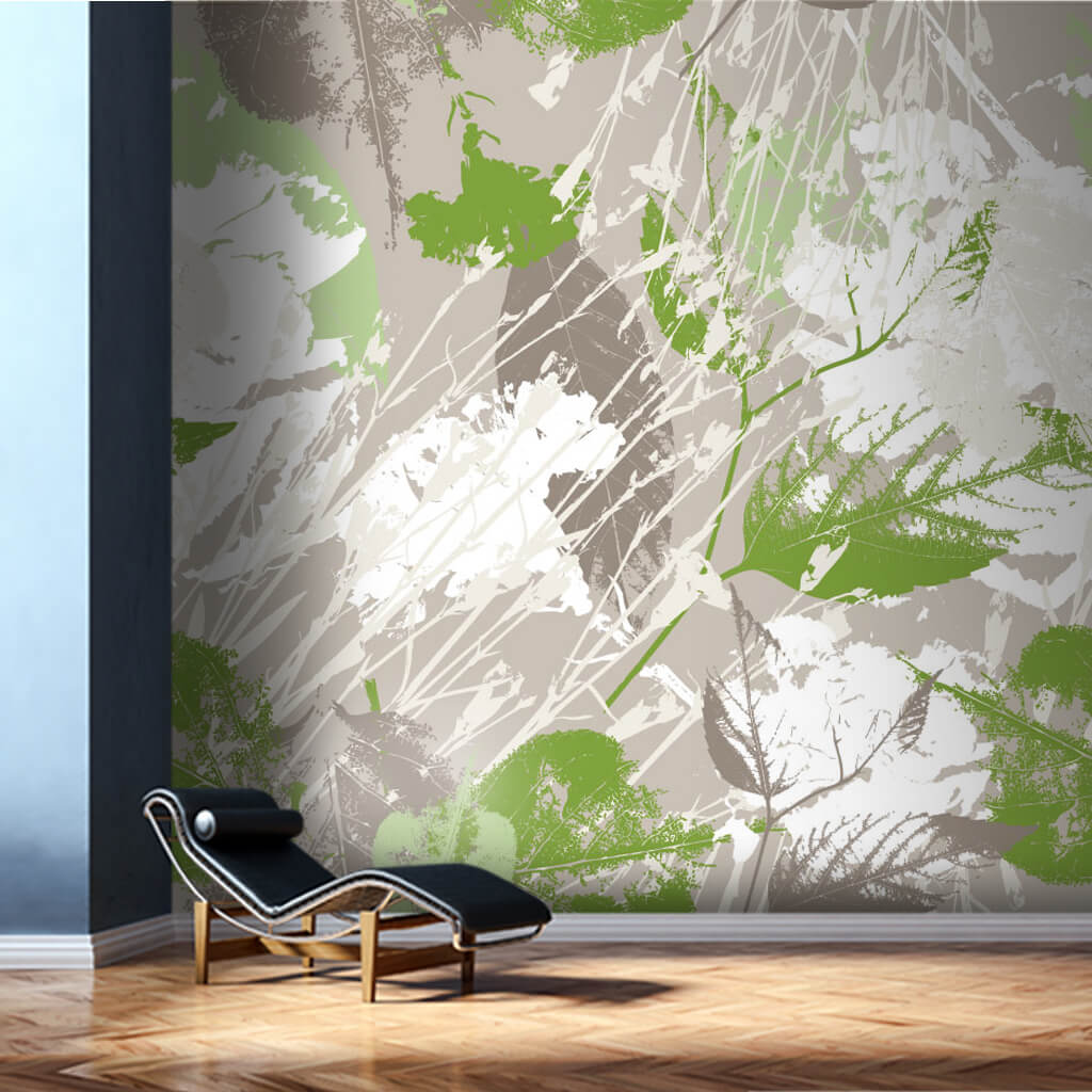 Leaf pattern in green colors over gray grunge wall mural